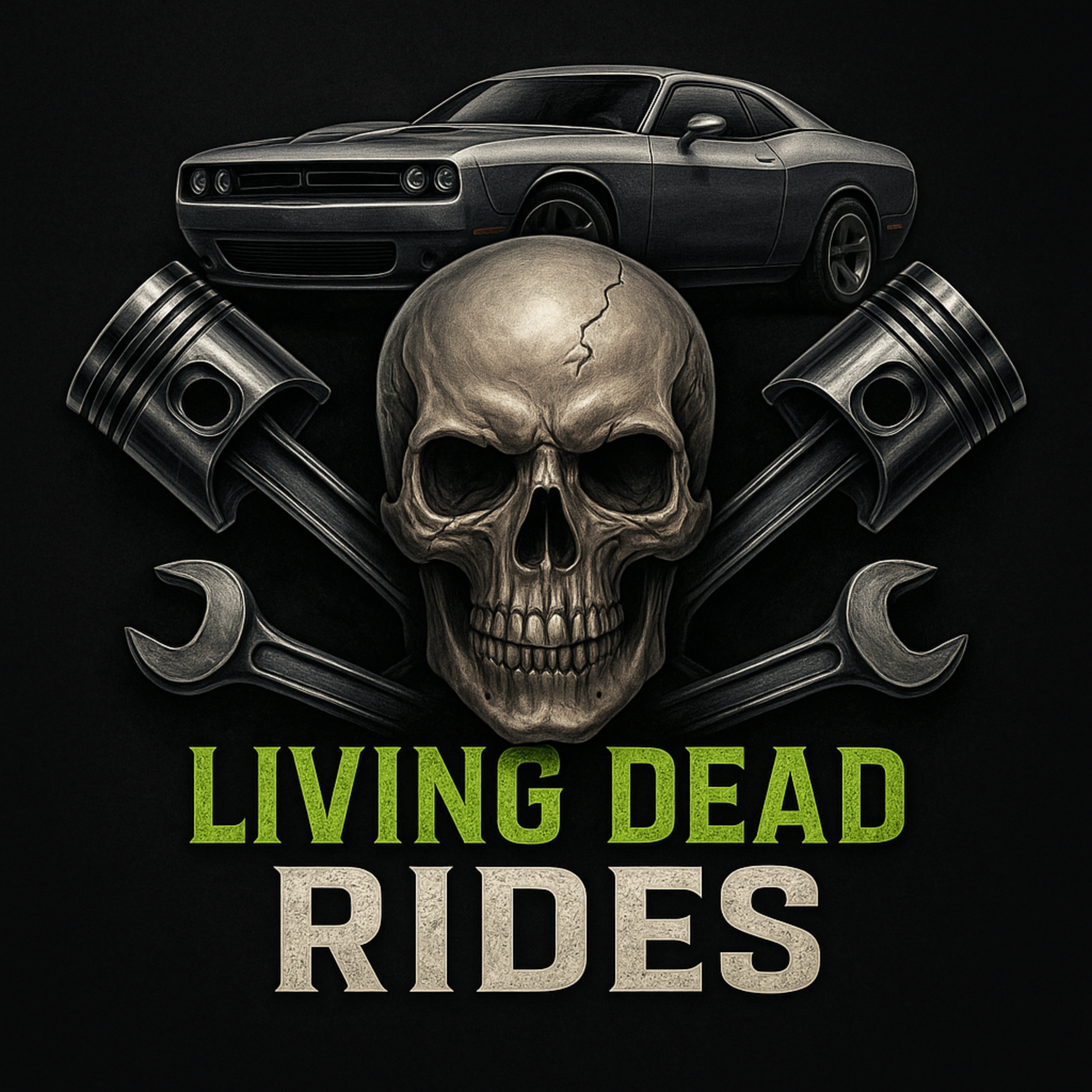 Living Dead Rides skull, pistons, wrenches, and car logo